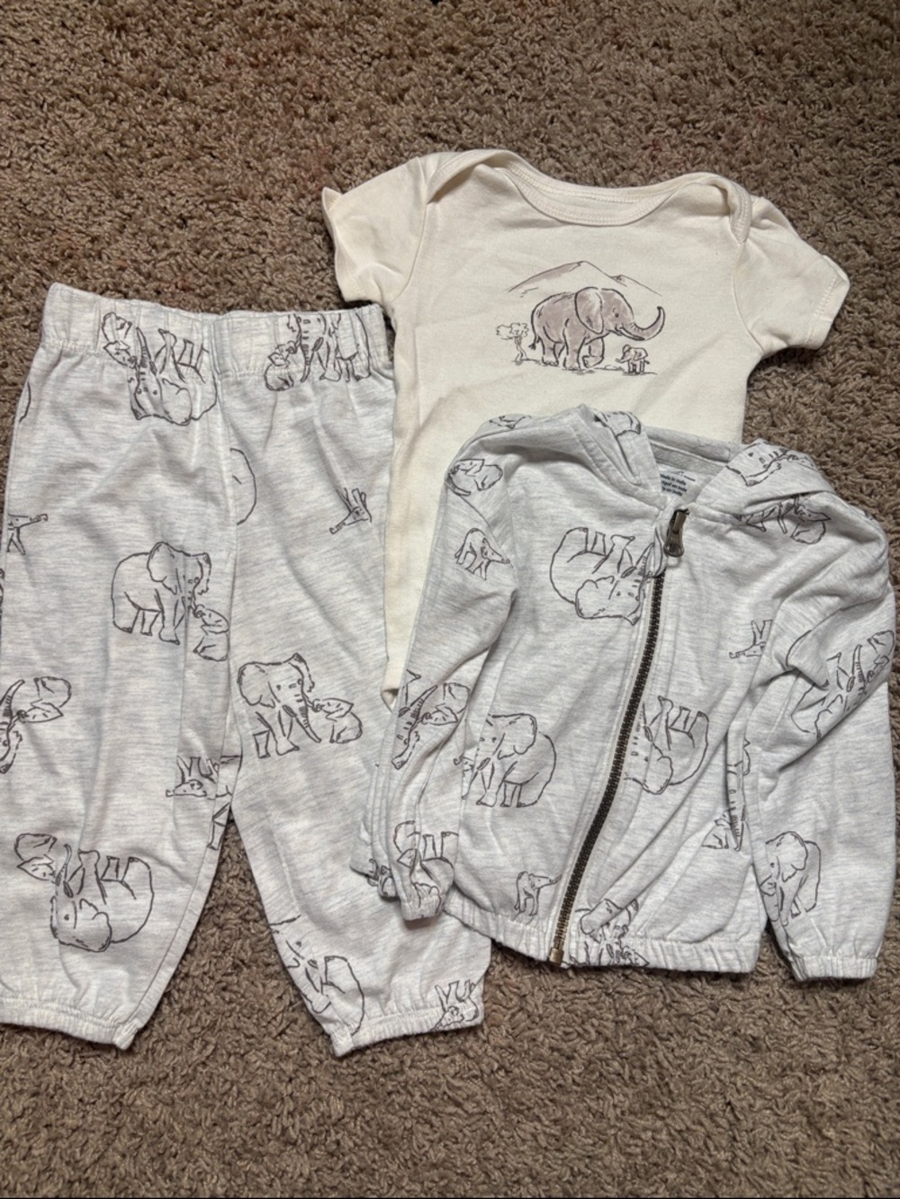 Carter's Light Gray Elephant Print Zip Hoodie with matching onesie and pants